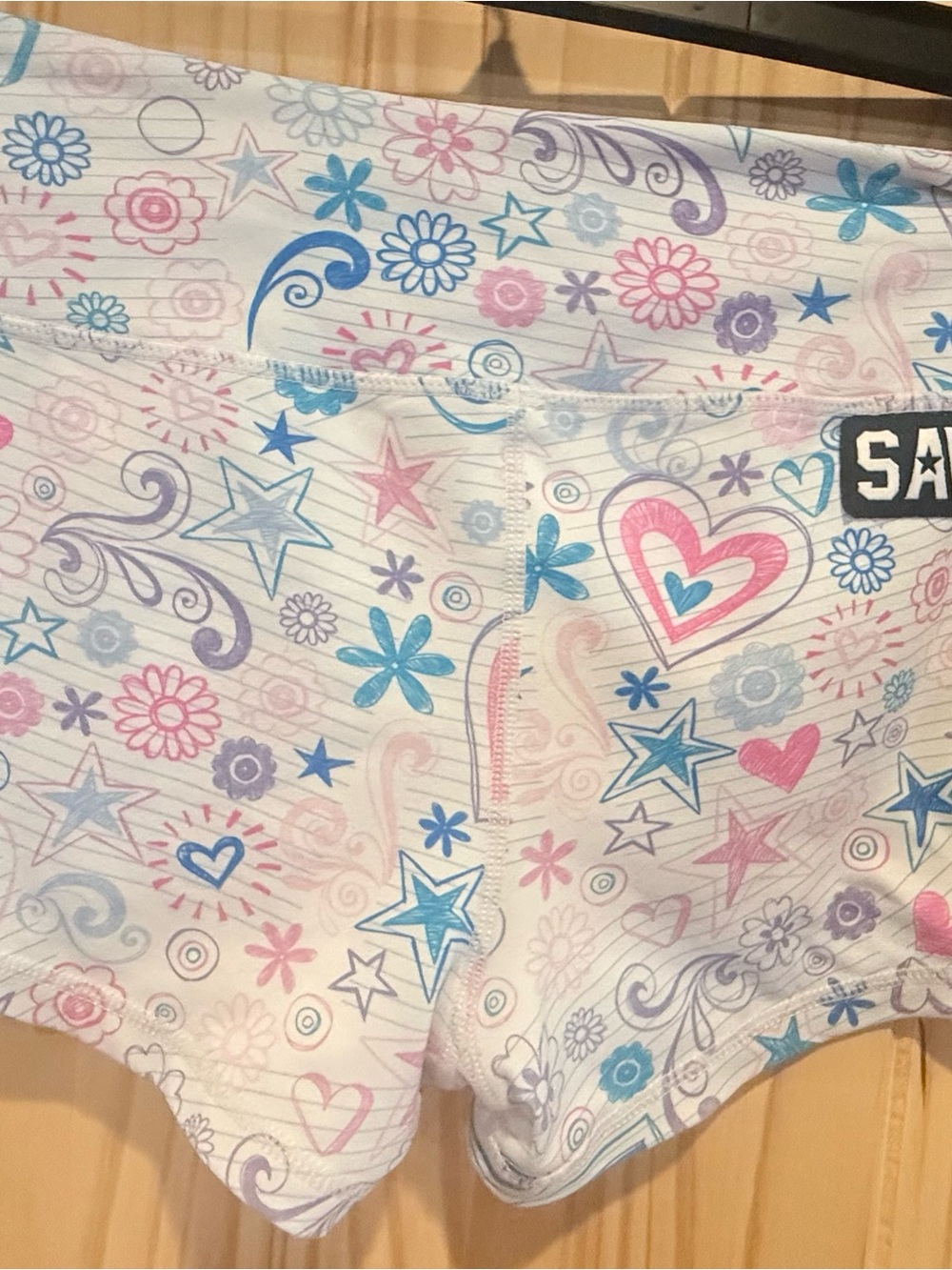 Savage Barbell White Athletic Shorts with Pink & Blue Heart and Star Print